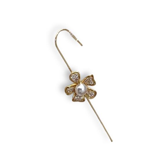 Gold Floral Pearl Pave Ear Climber Ear Cuff Statement Earring NEW - Picture 2 of 3